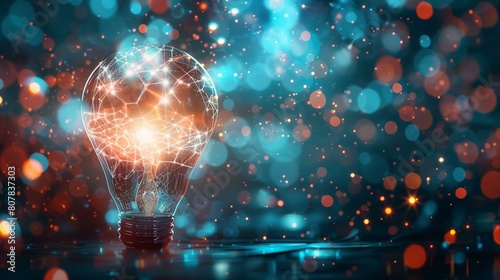 Innovation intelligence, glowing light bulb on dark background represents new ideas, creativity, and innovation, discovery invention development progress success