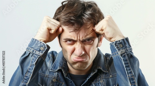 Frowning gesture, man in blue denim shirt holding his head in frustration, wretchedness woe distress suffering torment photo