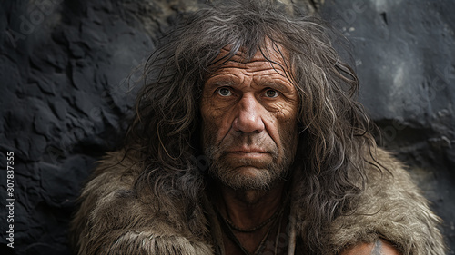 Prehistoric cave man, portrait similar to a Neanderthal or homo sapiens photo
