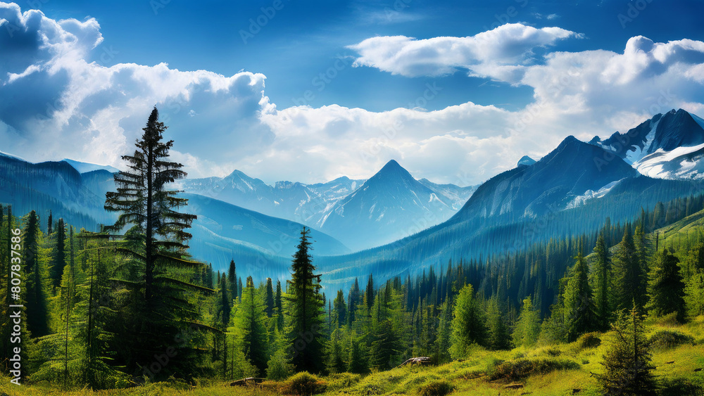 Summer landscape of wildlife and animals on the background of high mountains, green trees. A sense of freedom and peacefulness Summer landscape of wildlife and animals on the background of high mountains, green trees. A sense of freedom and peacefulness