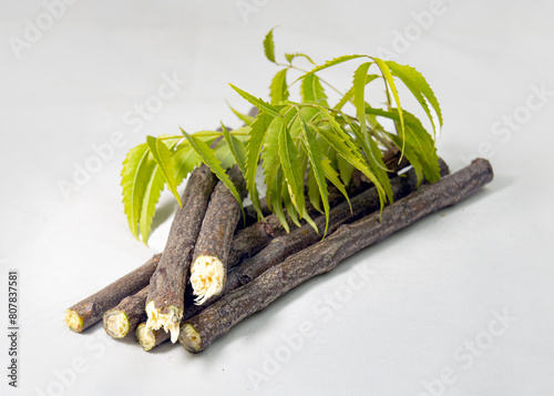 Neem Sticks with neem leaves on studio table. Neem Datun is traditional tooth chew sticks, for healthy teeth and germ free fresh mouth. photo