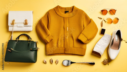  image on fashion clothing theme. set of casual women accessories such as sweater, dress, bag, shoes. autumn mood