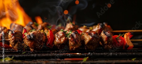 Outdoor Grilling  Delicious Meat and Veggie Skewers blurred background 
