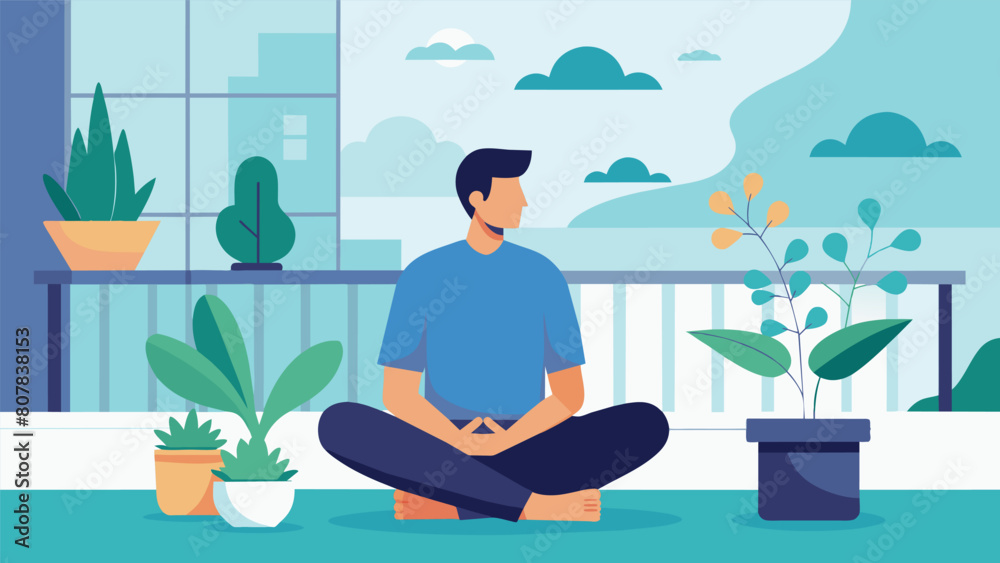 A man sits on his balcony surrounded by potted plants and a small water feature as he practices a few minutes of meditation before heading to the. A man sits on his balcony surrounded by potted plants and a small water feature as he practices a few minutes of meditation before heading to the.