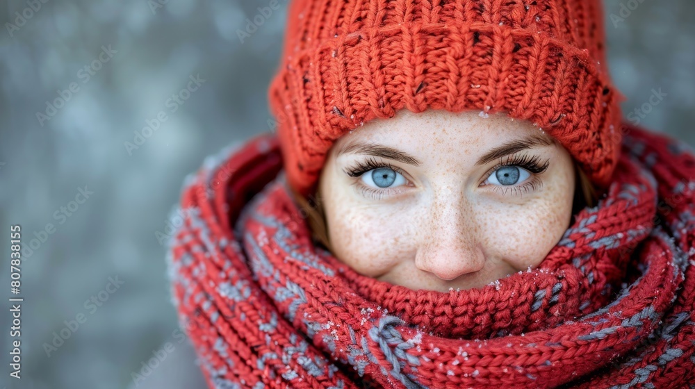 Woman with striking blue eyes bundled up in warm winter scarf