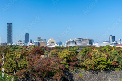 Osaka cityscape with blue sky from Osaka Castle