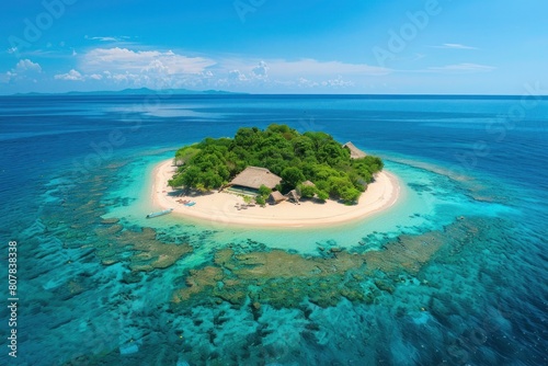 Aerial view of sandy tropical island beach in summer.