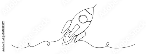 One line rocket. Spaceship icon isolated illustration. Startup outline vector symbol. Single line drawing.