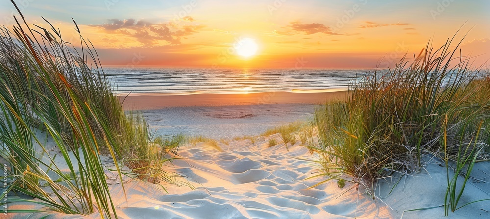 Seaside Sunset: Sand, Grass, and Ocean Waves blurred sea background
