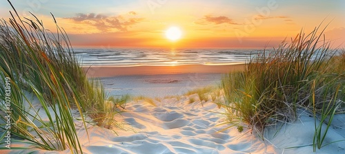 Obraz na płótnie Seaside Sunset: Sand, Grass, and Ocean Waves blurred sea background w salonie