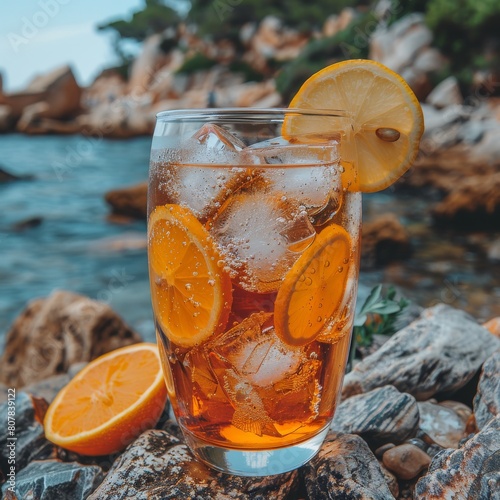 Iced beverage with lemon and orange on rocky shore