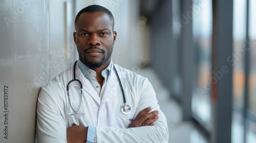 A black doctor posing confidently for a professional portrait, symbolizing competence and leadership in the medical field. © kimly