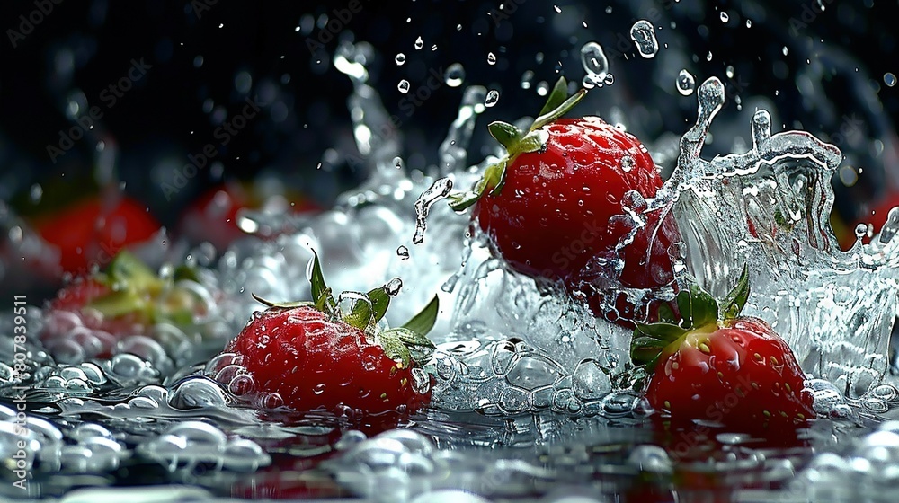 A cluster of strawberries plunges into a pool of water, creating a splash A cluster of strawberries plunges into a pool of water, creating a splash