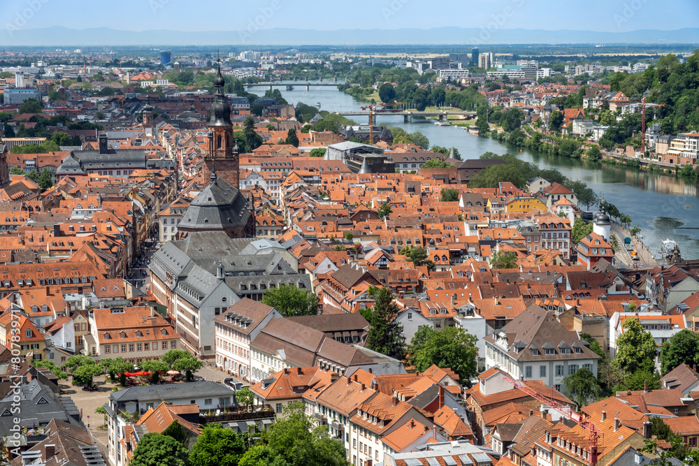 Fototapeta premium Heidelberg aerial view of old town river and bridge, Germany. Aerial View of Heidelberg, Germany Old Town.