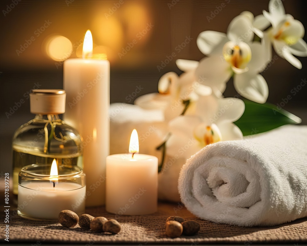 A few candles and a towel on a table. A few candles and a towel on a table.