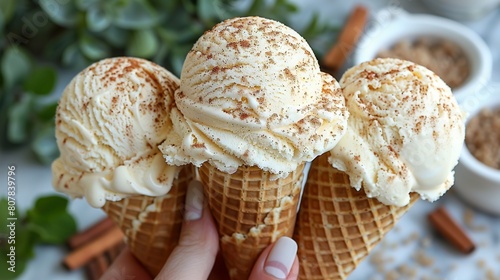  Three scoops of ice cream in a cone with cinnamon sprinkles and spices