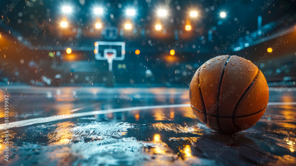Rainy night on basketball court with illuminated hoop Rainy night on basketball court with illuminated hoop