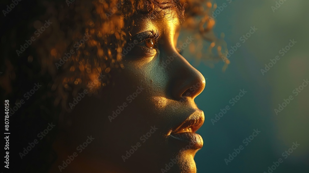 Close-up portrait of a beautiful young woman with curly hair, glowing skin, and a soft smile.