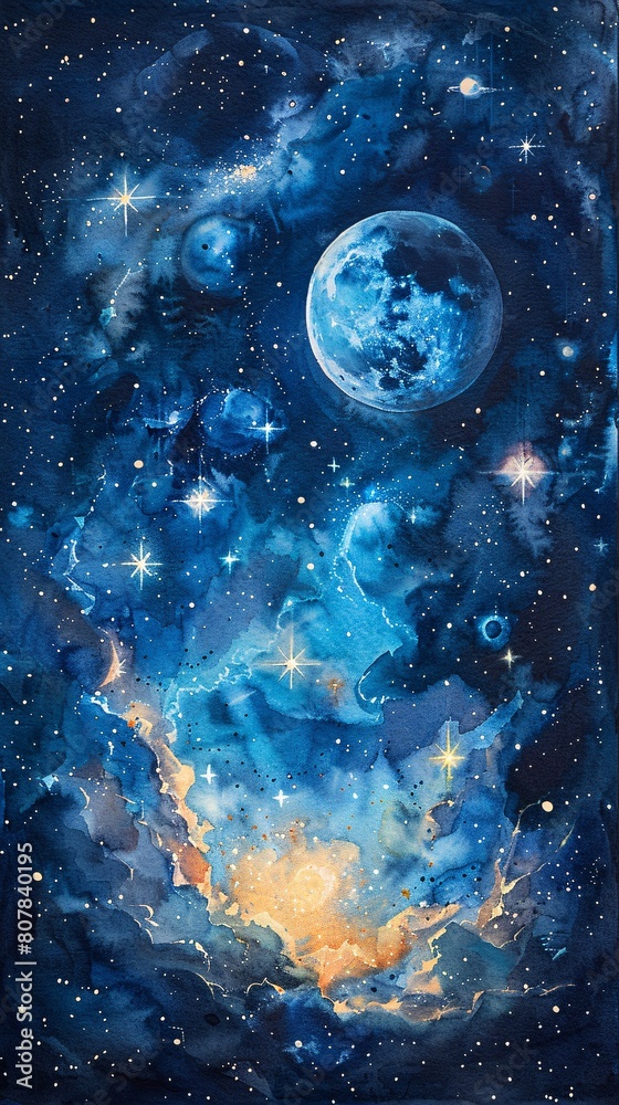 Fototapeta premium a stunning watercolor of space, showcasing stars and the Leo constellation, rendered on textured watercolor paper for a beautiful effect