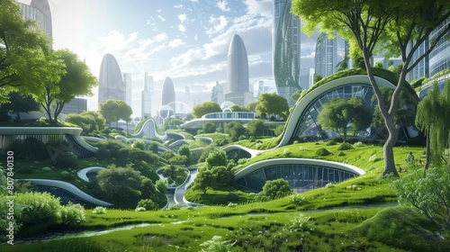 create a futuristic, urbanist, downtown city, with a green, urban forest, emphasize sustainability, leed platinum, hyper-realistic