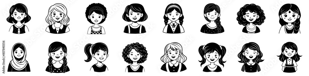 School girls heads vector illustration. Girl portrait with different hair style hand drawn black on white background. Silhouette of hijab, braids, ponytail. School girls heads vector illustration. Girl portrait with different hair style hand drawn black on white background. Silhouette of hijab, braids, ponytail.