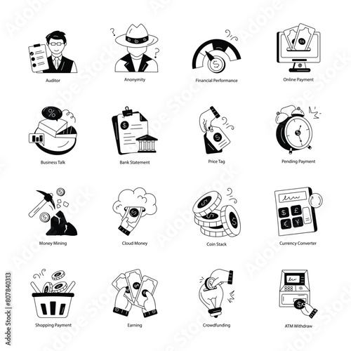 Set of Banking and Finance Doodle Icons 

