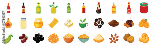 Collection of Pantry Staples and Condiments Icons, vector flat cartoon illustration. Grocery - olive oil, vinegar, maple syrup, soy sauce, honey, mustard, ketchup, mayonnaise, coffee beans. photo