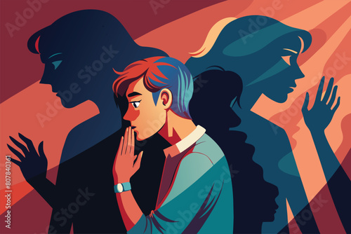 Person silhouettes with conflicting shadows  vector cartoon illustration.