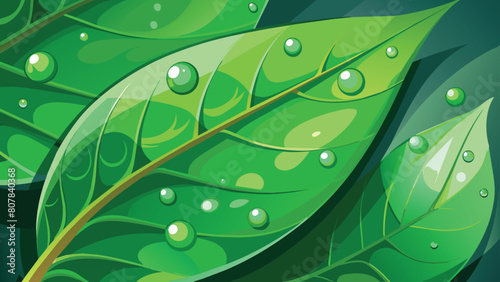 Close-up of a green leaf with fresh water droplets, vector cartoon illustration.