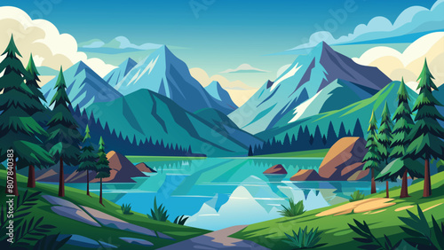 Pristine mountain lake view at sunset with vibrant reflections, vector cartoon illustration.