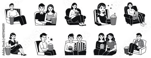 People watching movie vector illustration. Different man woman couples romantic date hand drawn black on white background. Cinema popcorn silhouette.