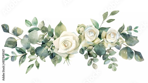 Fototapeta Naklejka Na Ścianę i Meble -  Watercolor flower bouquet. White roses and green plants. Eucalyptus branch. Perfect for wedding stationery, greetings, wallpaper, fashion, fabric, home decor. 
