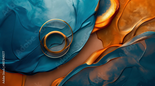 A painting of a blue and orange swirl with a gold circle in the middle