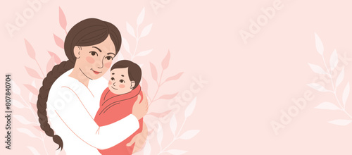 Mom holds her baby in her arms. Mom hugs the baby. Motherhood, parenthood. Woman with son, daughter. Mother's day banner, card. Vector cartoon illustration in flat style © Анна Безрукова