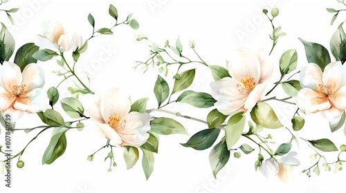 Watercolor floral seamless border with green leaves, white flowers blush peach pink, leaves branches. photo