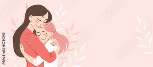 Mom hugs her daughter. Motherhood, parenthood. Woman with child. Mother's day banner, card. Vector cartoon illustration in flat style.Banner with space for text © Анна Безрукова