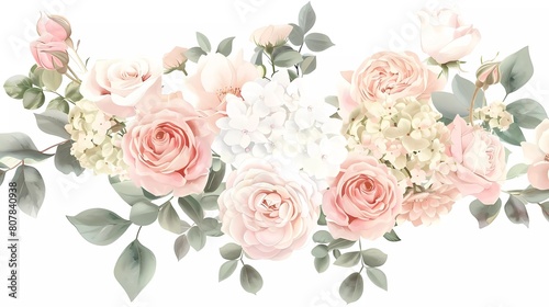 Blush pink garden roses  ranunculus  hydrangea flower vector design bouquet. Wedding flowers and greenery. watercolor flowers 