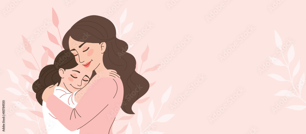 Mom hugs her daughter. Motherhood, parenthood. Woman with child. Mother's day banner, card. Vector cartoon illustration in flat style.Banner with space for text Mom hugs her daughter. Motherhood, parenthood. Woman with child. Mother's day banner, card. Vector cartoon illustration in flat style.Banner with space for text
