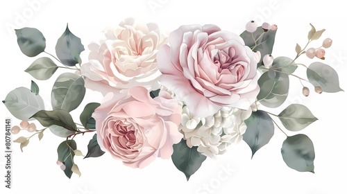 Blush pink garden roses, ranunculus, hydrangea flower vector design bouquet. Wedding flowers and greenery. watercolor flowers 