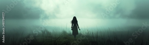 Woman standing alone in a field of tall grass. Mystical background. Banner photo