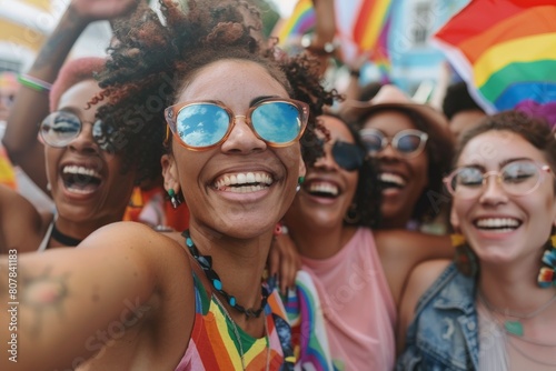 Happy Multiracial people celebrating gay pride event - Group of friends with different age and race having fun during LGBT social event. Beautiful simple AI generated image in 4K, unique.