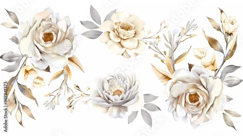 Watercolor floral illustration bouquet - white flowers, roses, peonies, green and gold leaf branches collection.