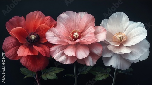   Three pink  white  and red flowers on a black background  surrounded by a few green leaves in the foreground