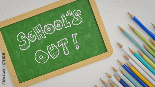 School summer vacation background announced with pencil and mini blackboard. 3d rendering