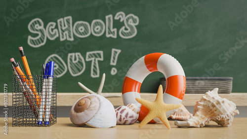 Chalkboard background in classroom announcing summer vacation at school. 3d rendering photo