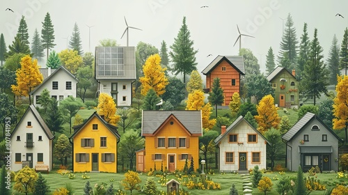 Drawings showing planting trees and reducing global warming in all areas covered with green areas and renewable energy.