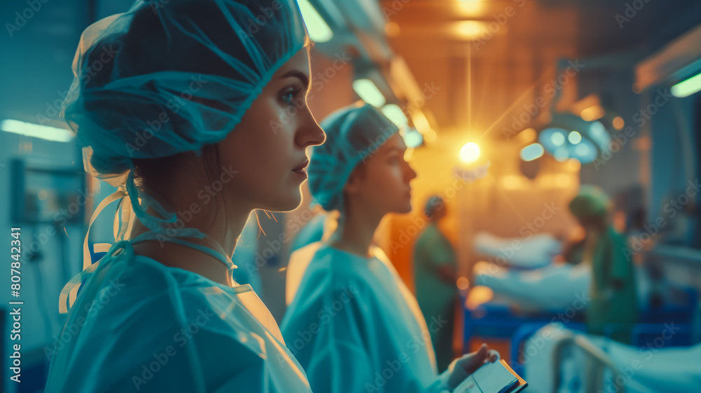 Medical professionals in surgical attire observing a procedure in an operating room Medical professionals in surgical attire observing a procedure in an operating room