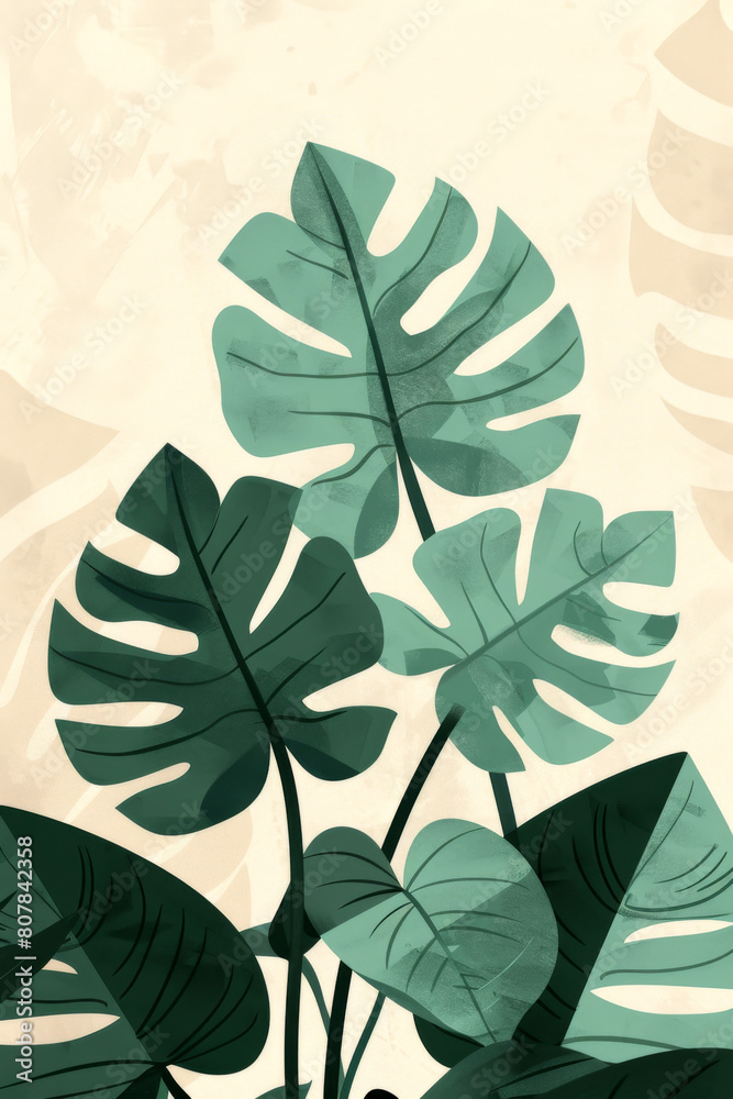 Fototapeta premium Tropical Monstera Leaves Illustration on Cream Background