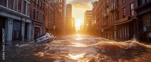 Sunlit flooded street in urban area with submerged car