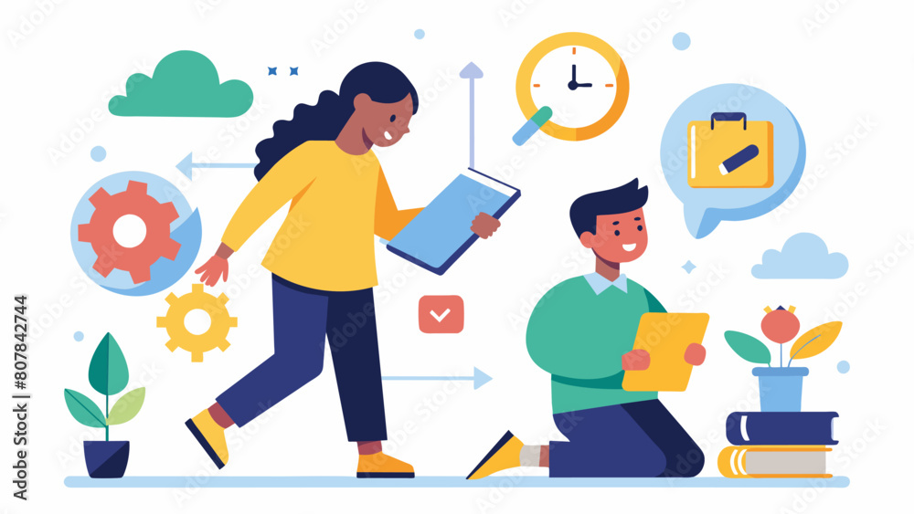 A mentee with ADHD learns organization and time management skills from their mentor who has OCD helping them excel in their career.. Vector illustration